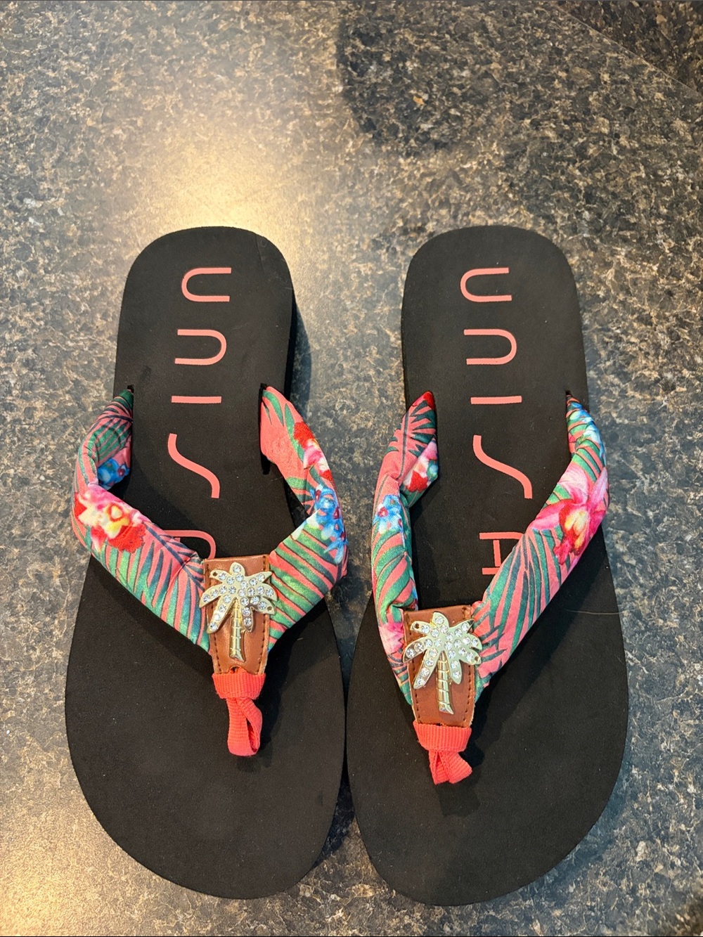Unisa Black Flip Flops with Tropical Pink & Green Straps